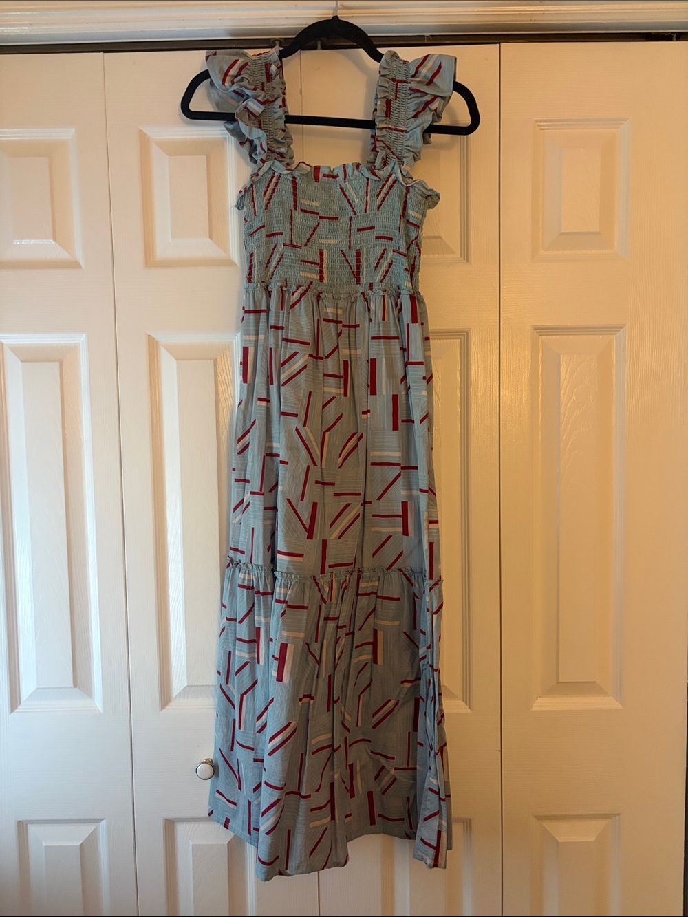 Tuckernuck Light Blue Midi Dress with Red Geometric Print